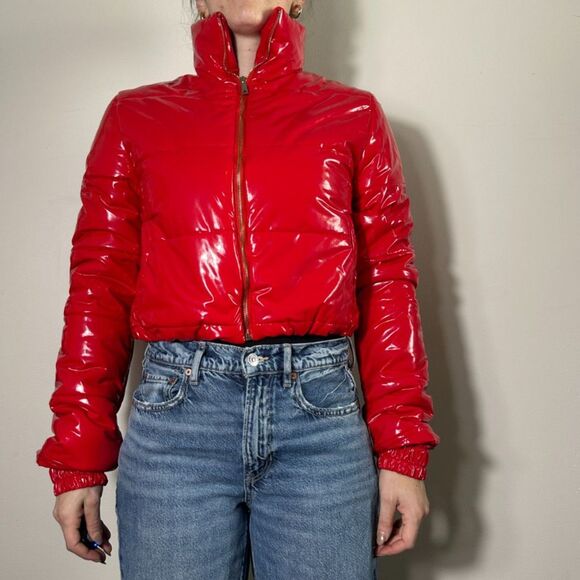 36Points Red Shiny Cropped Bomber Jacket Size Medium - Picture 4 of 5